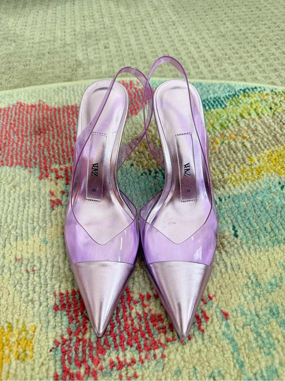ZARA Lilac Pointed-Toe Slingback Heels with Silver Metallic Cap